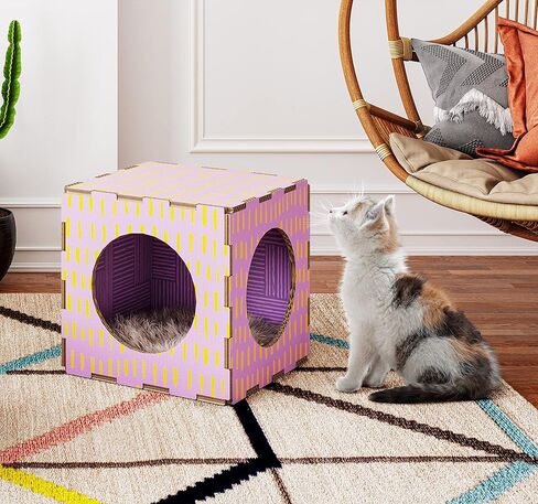 Modern Condo Cube, Reinforced Cardboard Design Clicks Together in Seconds, Includes Plush Fur Sleeping Pad Ideal for Kittens and Cats Green/Yellow in Kuwait