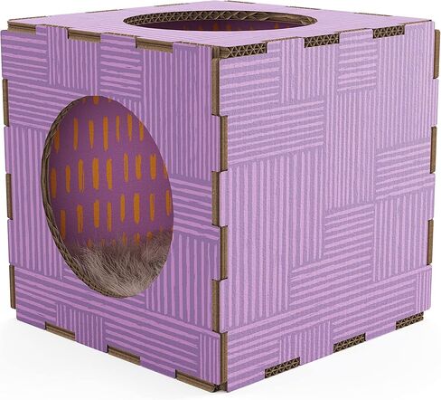 Modern Condo Cube, Reinforced Cardboard Design Clicks Together in Seconds, Includes Plush Fur Sleeping Pad Ideal for Kittens and Cats Green/Yellow in Kuwait