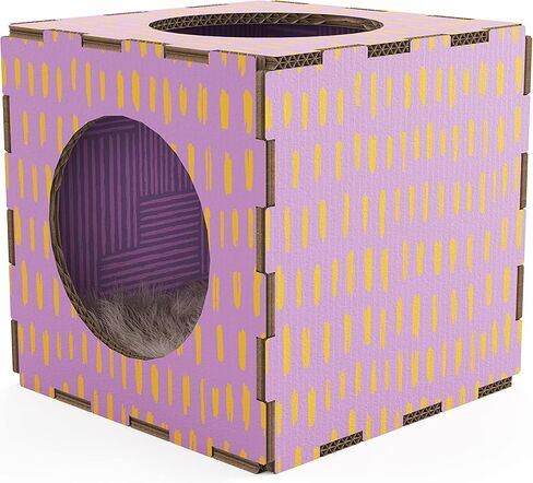 Modern Condo Cube, Reinforced Cardboard Design Clicks Together in Seconds, Includes Plush Fur Sleeping Pad Ideal for Kittens and Cats Green/Yellow in Kuwait