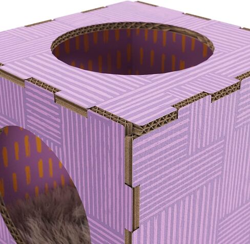 Modern Condo Cube, Reinforced Cardboard Design Clicks Together in Seconds, Includes Plush Fur Sleeping Pad Ideal for Kittens and Cats Green/Yellow in Kuwait