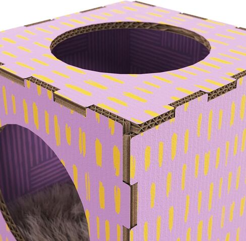 Modern Condo Cube, Reinforced Cardboard Design Clicks Together in Seconds, Includes Plush Fur Sleeping Pad Ideal for Kittens and Cats Green/Yellow in Kuwait