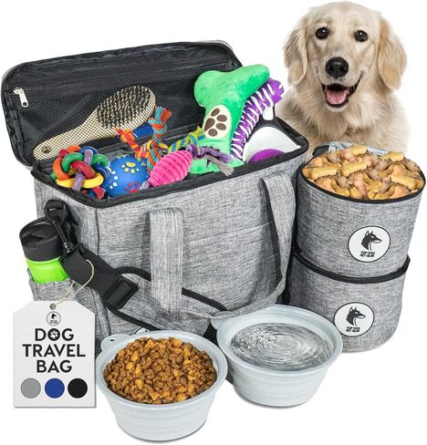 Black Dog Travel Bag for Supplies - Includes Travel Bag, Travel Dog Bowls, Food Storage - Airline Approved Dog Bags for Traveling - Dog Travel Accessories for Camping, Beach in Kuwait