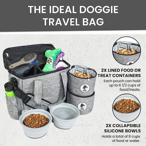 Black Dog Travel Bag for Supplies - Includes Travel Bag, Travel Dog Bowls, Food Storage - Airline Approved Dog Bags for Traveling - Dog Travel Accessories for Camping, Beach in Kuwait