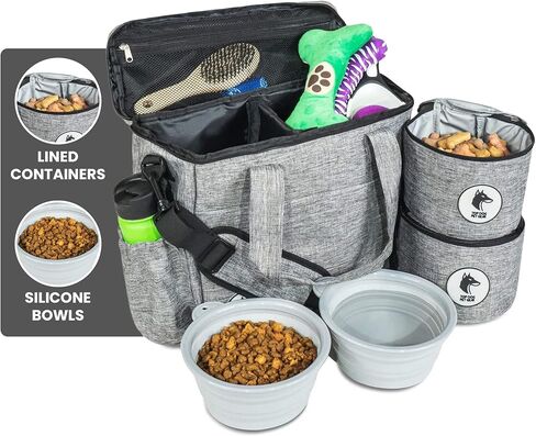 Black Dog Travel Bag for Supplies - Includes Travel Bag, Travel Dog Bowls, Food Storage - Airline Approved Dog Bags for Traveling - Dog Travel Accessories for Camping, Beach in Kuwait