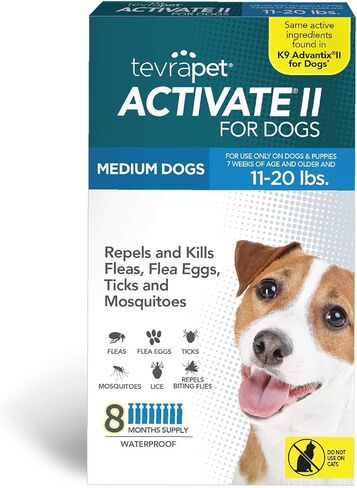 TevraPet Activate II Flea and Tick Prevention for Dogs | Medium Dogs 11-20 lbs | Fast Acting Flea Drops | 8 Month Supply | Vet Quality Protection in Kuwait