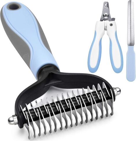 Pet Grooming Brush Double-Sided Undercoat Rake for Dogs & Cats - Shedding and Dematting Comb for Dogs &Gentle Deshedding Brush Glove Grooming kit (Blue 2 Pack) in Kuwait