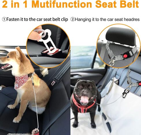 Chew Proof Dog Car Seat Belt, 2 in 1 Steel Cable Dog Car Accessories Headrest Restraint for Medium Large Dogs Chewer Heavy Duty Dog Seatbelts for Cars Swivel Attach in Kuwait
