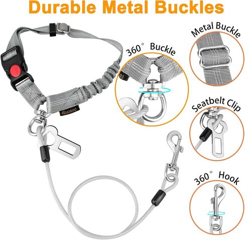 Chew Proof Dog Car Seat Belt, 2 in 1 Steel Cable Dog Car Accessories Headrest Restraint for Medium Large Dogs Chewer Heavy Duty Dog Seatbelts for Cars Swivel Attach in Kuwait