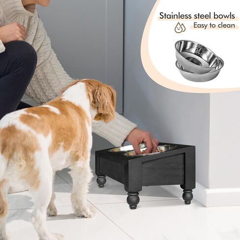 Elevated Dog Bowls Small Size Dogs, Wood Raised Dog Cat Bowl Stand with 2 Stainless Steel Dog Bowls, Dog Food Bowl and Dog Water Bowl Non-Slip Feet, Pet Feeder Double Bowl, Gift for Pet in Kuwait