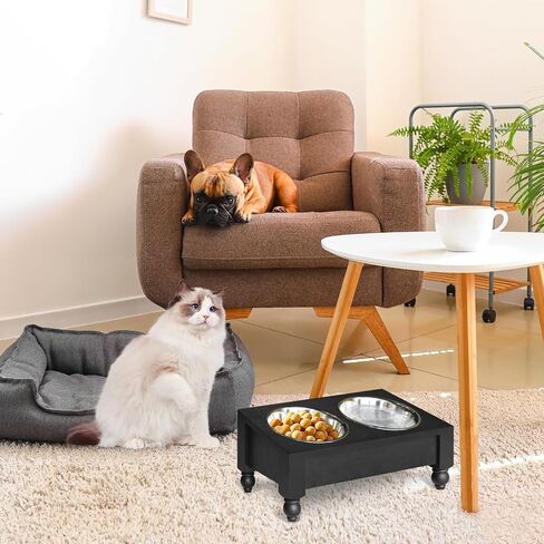 Elevated Dog Bowls Small Size Dogs, Wood Raised Dog Cat Bowl Stand with 2 Stainless Steel Dog Bowls, Dog Food Bowl and Dog Water Bowl Non-Slip Feet, Pet Feeder Double Bowl, Gift for Pet in Kuwait