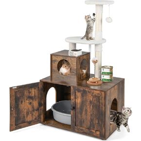 Giantex Litter Box Enclosure with Cat Tree, Cat Washroom Hidden Furniture with Cat Tower, Scratching Posts, Cat Condo, Jingling Ball, Air Vents, Wooden Pet Crate House (Oak)