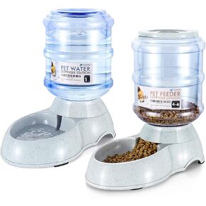 Flexzion Automatic Pet Feeder & Waterer Set of 2 Pack, Self Feeding Replenish Dog Cat Bowls, Gravity Food & Water Storage Container Fountain Jug Pet Supplies Plastic Skid Proof Rubber Feet (1 Gallon)