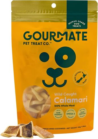 Gourmate Pet Treat Co. كالاماري وايلد كاوت - مكافآت للكلاب من الدرجة البشرية - طبيعية 100%، وجبة خفيفة مجففة بالتجميد مع أوميغا 3 ومصدر للبروتين الخالي من الدهون - 45 جم/1.58 أونصة in Saudi Arabia