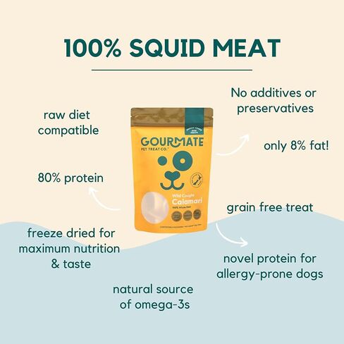 Gourmate Pet Treat Co. كالاماري وايلد كاوت - مكافآت للكلاب من الدرجة البشرية - طبيعية 100%، وجبة خفيفة مجففة بالتجميد مع أوميغا 3 ومصدر للبروتين الخالي من الدهون - 45 جم/1.58 أونصة in Saudi Arabia