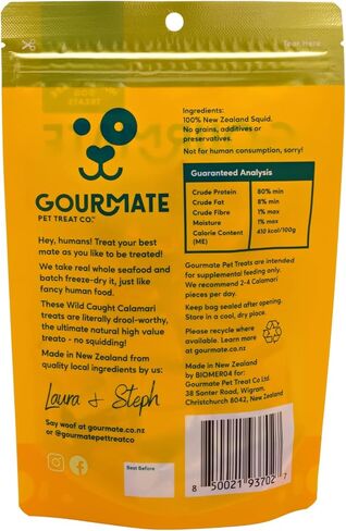 Gourmate Pet Treat Co. كالاماري وايلد كاوت - مكافآت للكلاب من الدرجة البشرية - طبيعية 100%، وجبة خفيفة مجففة بالتجميد مع أوميغا 3 ومصدر للبروتين الخالي من الدهون - 45 جم/1.58 أونصة in Saudi Arabia