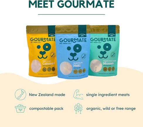 Gourmate Pet Treat Co. كالاماري وايلد كاوت - مكافآت للكلاب من الدرجة البشرية - طبيعية 100%، وجبة خفيفة مجففة بالتجميد مع أوميغا 3 ومصدر للبروتين الخالي من الدهون - 45 جم/1.58 أونصة in Saudi Arabia
