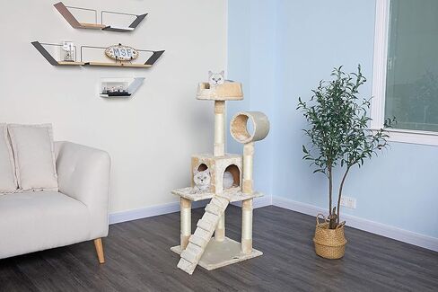 أثاث منزل برجي صغير الحجم من Go Pet Club مقاس 50 بوصة مع شقة ونفق وسلم للقطط الداخلية، بيج in Kuwait