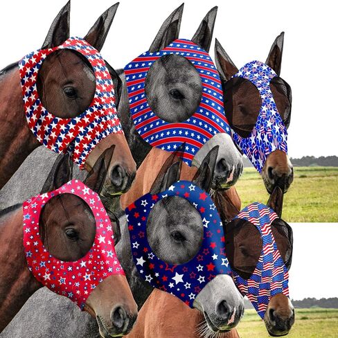Chunful 6 Pcs Horse Fly Masks 4th of July Horse Fly Mask Independence Day Stars Memorial Day Smooth and Comfortable Fly Masks with Ears Elasticity American Flag Horse Mask for Horses Supplies(Medium) in Saudi Arabia