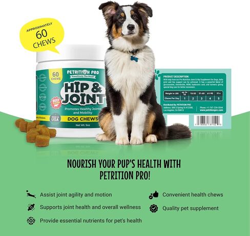 Petrition Pro Hip and Joint Supplement for Dogs with Glucosamine Chondroitin, MSM, Hyaluronic Acid and Turmeric - Promotes Healthy Hip, Joint, Mobility, Heart, Skin, and Immune Function - 60 Chews in Saudi Arabia