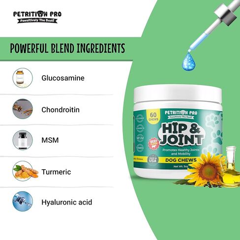 Petrition Pro Hip and Joint Supplement for Dogs with Glucosamine Chondroitin, MSM, Hyaluronic Acid and Turmeric - Promotes Healthy Hip, Joint, Mobility, Heart, Skin, and Immune Function - 60 Chews in Saudi Arabia