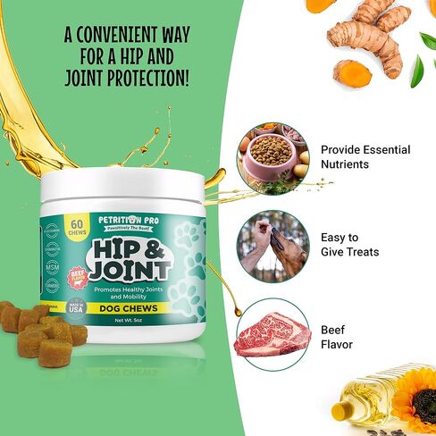 Petrition Pro Hip and Joint Supplement for Dogs with Glucosamine Chondroitin, MSM, Hyaluronic Acid and Turmeric - Promotes Healthy Hip, Joint, Mobility, Heart, Skin, and Immune Function - 60 Chews in Saudi Arabia