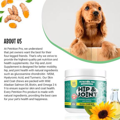 Petrition Pro Hip and Joint Supplement for Dogs with Glucosamine Chondroitin, MSM, Hyaluronic Acid and Turmeric - Promotes Healthy Hip, Joint, Mobility, Heart, Skin, and Immune Function - 60 Chews in Saudi Arabia