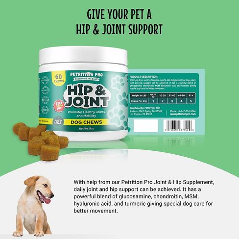 Petrition Pro Hip and Joint Supplement for Dogs with Glucosamine Chondroitin, MSM, Hyaluronic Acid and Turmeric - Promotes Healthy Hip, Joint, Mobility, Heart, Skin, and Immune Function - 60 Chews in Saudi Arabia