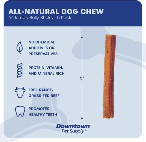 عصي الفتوة من Downtown Pet Supply مقاس 6 بوصات للكلاب الكبيرة، 5 عبوات من الأطعمة السميكة جدًا للمضغ العدواني، مكون واحد، مضغ أسنان طويل الأمد خالي من الجلود الخام للكلاب الكبيرة والمتوسطة in Saudi Arabia