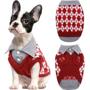 Kuoser Plaid Dog Sweater Warm Clothes, Patchwork Design Pet Dog Knitwear Classic Pullover Puppy Coat Cold Weather Sweatshirts with Leash Hole for Small Medium Cats Dogs (XS, Blue)