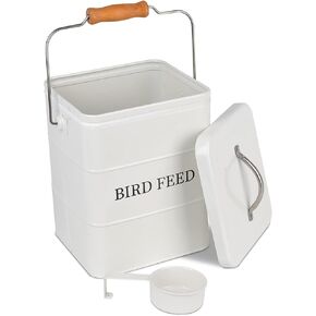 DEAYOU Pet Food Storage Tin with Lid, Metal Bird Seed and Feed Container with Serving Scoop, Treats Storage Canister Bin Can for Dogs, Cats Food, Coated Carbon Steel, Tight Fitting Lid, White in Saudi Arabia