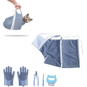 KlerRoem Cat Bathing Bag, Adjustable Anti-bite and Anti-Scratch Shower Mesh Grooming Bag for Pet Dogs, Includes Pet Nail Clipper, Nail File, Grooming Glove, and Cat Shell Comb