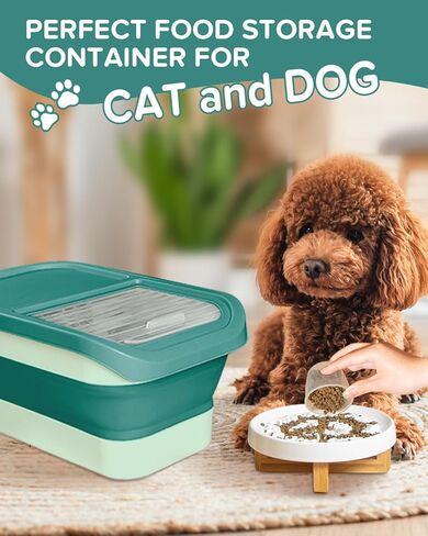 DDMOMMY 13 Lbs Dog Food Storage Container - Collapsible Dog Food Container with Sliding Lid, Measuring Cup and Silicone Bowl, Pet Food Storage Containers For Dog, Cats and Other Pet (Green) in Kuwait