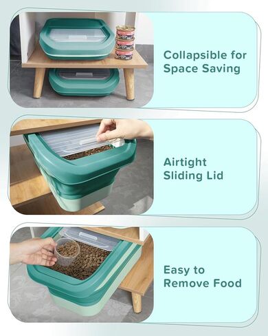 DDMOMMY 13 Lbs Dog Food Storage Container - Collapsible Dog Food Container with Sliding Lid, Measuring Cup and Silicone Bowl, Pet Food Storage Containers For Dog, Cats and Other Pet (Green) in Kuwait