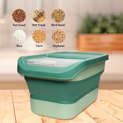 DDMOMMY 13 Lbs Dog Food Storage Container - Collapsible Dog Food Container with Sliding Lid, Measuring Cup and Silicone Bowl, Pet Food Storage Containers For Dog, Cats and Other Pet (Green) in Kuwait