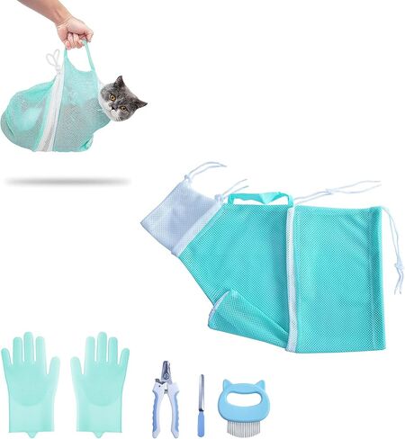 KlerRoem Cat Bathing Bag, Adjustable Anti-bite and Anti-Scratch Shower Mesh Grooming Bag for Pet Dogs, Includes Pet Nail Clipper, Nail File, Grooming Glove, and Cat Shell Comb in Saudi Arabia