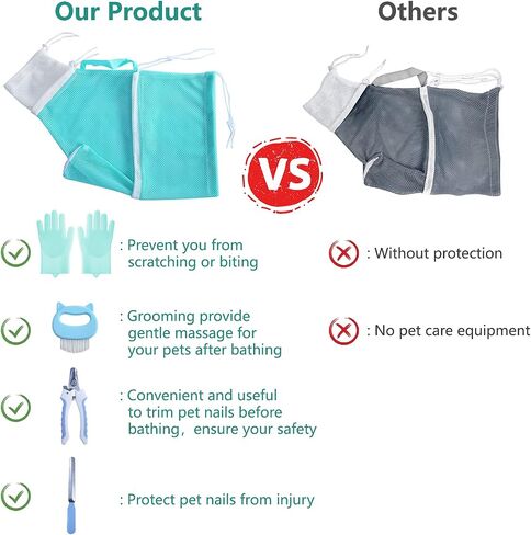 KlerRoem Cat Bathing Bag, Adjustable Anti-bite and Anti-Scratch Shower Mesh Grooming Bag for Pet Dogs, Includes Pet Nail Clipper, Nail File, Grooming Glove, and Cat Shell Comb in Saudi Arabia