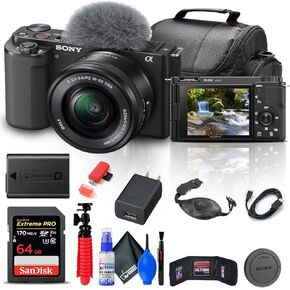 Sony ZV-E10 Mirrorless Camera with 16-50mm Lens (Black) (ILCZV-E10L/B) + 64GB Memory Card + Bag + Card Reader + HDMI Cable + Flex Tripod + Hand Strap + Memory Wallet + Cleaning Kit (Renewed) in Kuwait