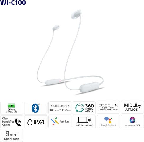 Sony WI-C100 Wireless in-Ear Bluetooth Headphones with Built-in Microphone, Blue in Kuwait