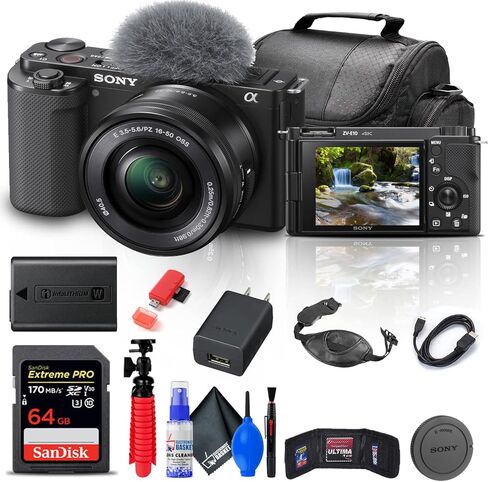 Sony ZV-E10 Mirrorless Camera with 16-50mm Lens (Black) (ILCZV-E10L/B) + 64GB Memory Card + Bag + Card Reader + HDMI Cable + Flex Tripod + Hand Strap + Memory Wallet + Cleaning Kit (Renewed) in Kuwait