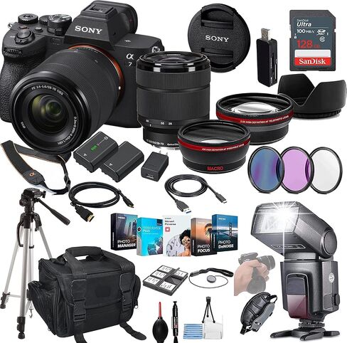Sony a7 IV Mirrorless Camera Bundle - ILCE-7M4/B with 28-70mm Zoom Lens + Prime Accessory Package Including 128GB Memory, TTL Flash, Extra Battery, Editing Software Package, Auxiliary Lenses & More in Saudi Arabia