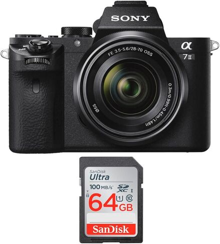 كاميرا سوني ألفا a7II الرقمية بدون مرآة مع عدسة 28-70 ملم f/3.5-5.6 وحزمة بطاقة SD سعة 64 جيجابايت من سانديسك (عنصران) in Saudi Arabia
