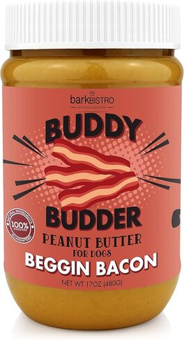 شركة BUDDY BUDDER Bark Bistro Company، لحم الخنزير المقدد المتسول، زبدة الفول السوداني الطبيعية 100% للكلاب، حلوى زبدة الفول السوداني الصحية للكلاب، أشياء في اللعبة، إثراء الكلاب، جيب حبوب منع الحمل للكلاب، صنع في الولايات المتحدة الأمريكية، (برطمانات سعة in Kuwait
