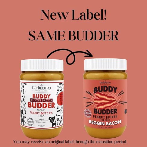 شركة BUDDY BUDDER Bark Bistro Company، لحم الخنزير المقدد المتسول، زبدة الفول السوداني الطبيعية 100% للكلاب، حلوى زبدة الفول السوداني الصحية للكلاب، أشياء في اللعبة، إثراء الكلاب، جيب حبوب منع الحمل للكلاب، صنع في الولايات المتحدة الأمريكية، (برطمانات سعة in Kuwait