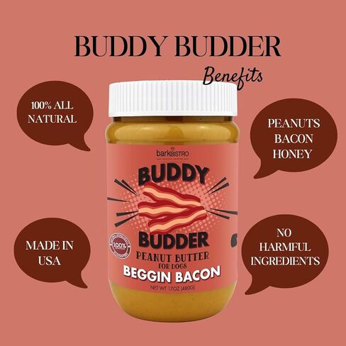 شركة BUDDY BUDDER Bark Bistro Company، لحم الخنزير المقدد المتسول، زبدة الفول السوداني الطبيعية 100% للكلاب، حلوى زبدة الفول السوداني الصحية للكلاب، أشياء في اللعبة، إثراء الكلاب، جيب حبوب منع الحمل للكلاب، صنع في الولايات المتحدة الأمريكية، (برطمانات سعة in Kuwait