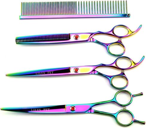 LILYS PET Professional PET Grooming scissors Kit,Coated Titanium,Sharp and Strong Stainless Steel Blade for Dogs Cats Hair Cutting,3 Pieces of Scissors with a Comb and a Case (7.0 inches, Purple) in Kuwait