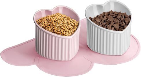 اوعية طعام مرتفعة من السيراميك بتصميم مائل من السيراميك مع بساط مضاد للانزلاق، وعاء طعام للقطط والكلاب الصغيرة من البورسلين بتصميم مرتفع على شكل قلب، قطعتان in Kuwait