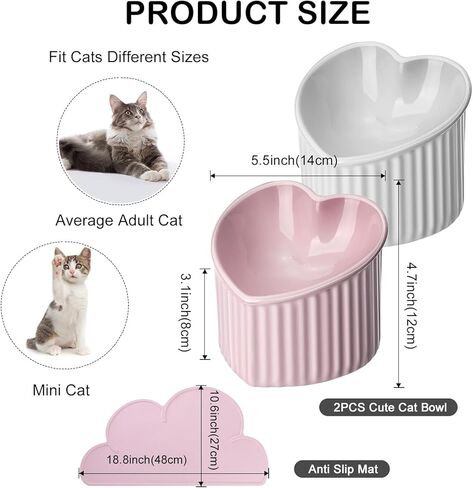 اوعية طعام مرتفعة من السيراميك بتصميم مائل من السيراميك مع بساط مضاد للانزلاق، وعاء طعام للقطط والكلاب الصغيرة من البورسلين بتصميم مرتفع على شكل قلب، قطعتان in Kuwait