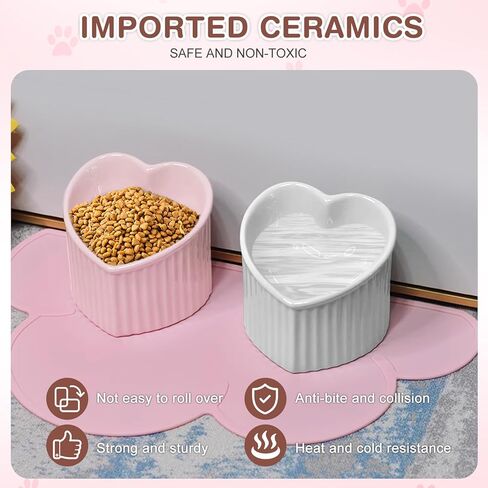 اوعية طعام مرتفعة من السيراميك بتصميم مائل من السيراميك مع بساط مضاد للانزلاق، وعاء طعام للقطط والكلاب الصغيرة من البورسلين بتصميم مرتفع على شكل قلب، قطعتان in Kuwait