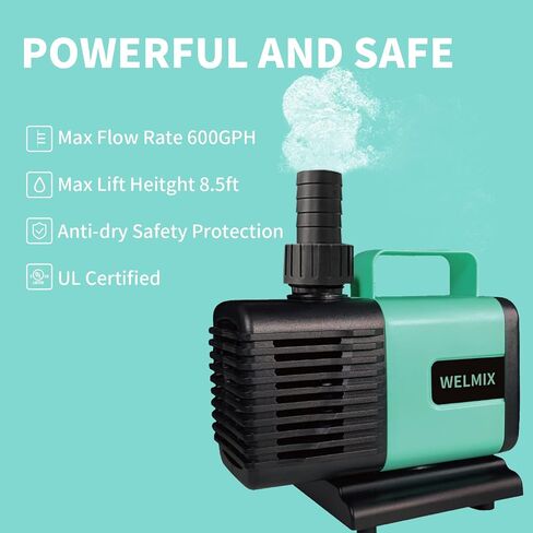WELMIX 600GPH (2700L/H 35W) مضخة مياه غاطسة لحوض السمك مضخة نافورة هادئة ارتفاع رفع 8.2 قدم لخزان الأسماك والبركة والنوافير والزراعة المائية والشلال مع 3 فوهات وسلك طاقة بطول 6 أقدام in Saudi Arabia