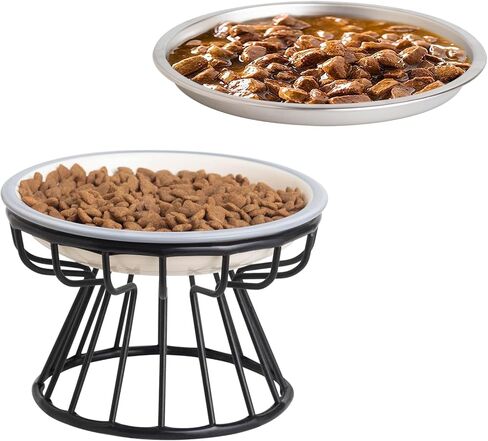 اوعية طعام مرتفعة للقطط من السيراميك المرتفع بعرض اضافي 6.5 انش مع حامل معدني مضاد للانزلاق، اطباق طعام للحيوانات الاليفة للقطط والكلاب الصغيرة in Kuwait